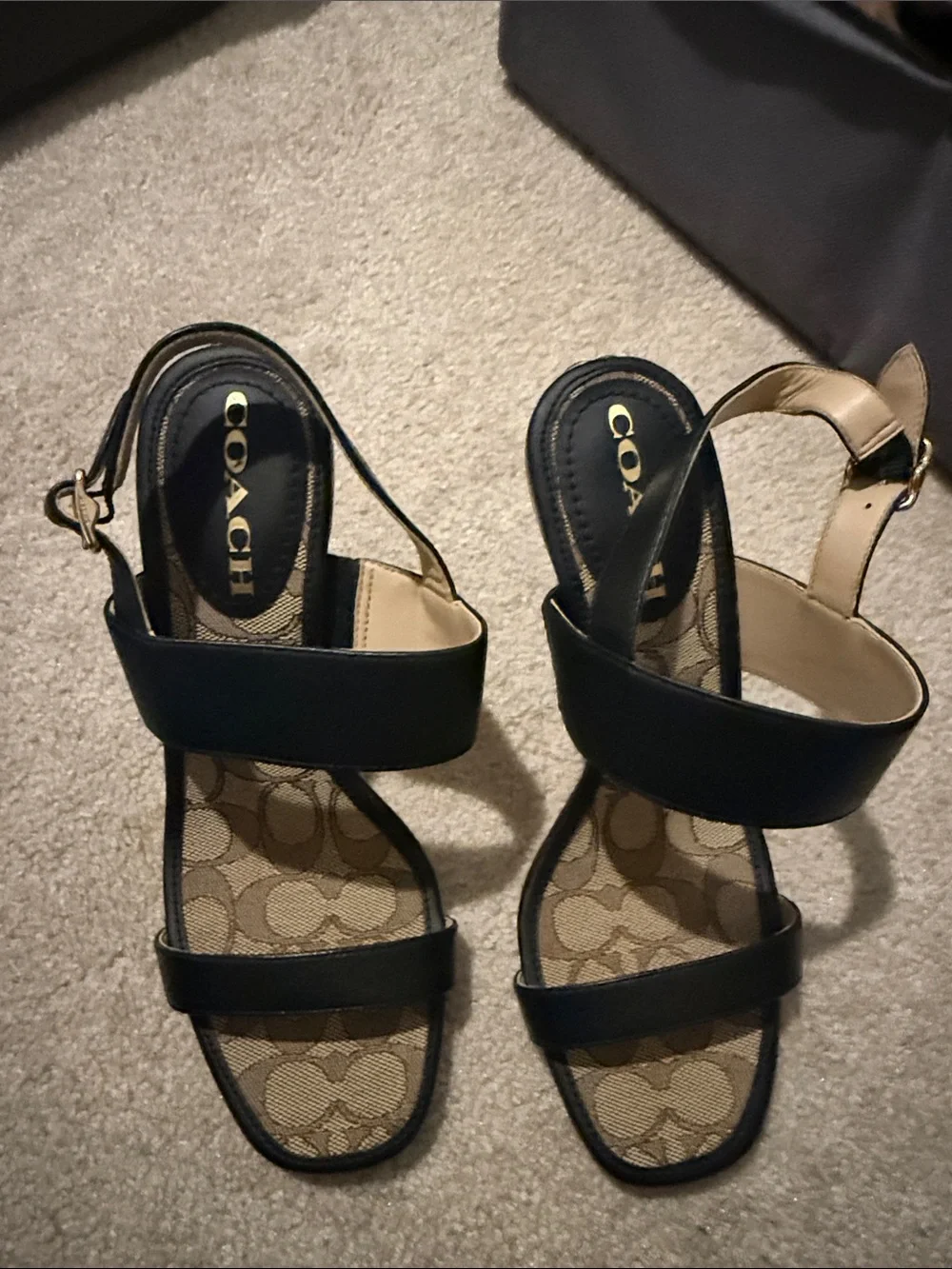 COACH Black Leather Strap Sandals with Signature Monogram Footbed